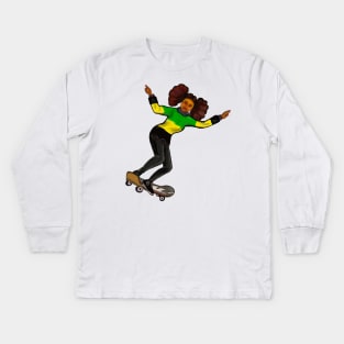 Jamaica jumper skateboarding- manga anime Jamaican girl on a skateboard wearing jumper with the  colours of Jamaican flag in black green and yellow Kids Long Sleeve T-Shirt